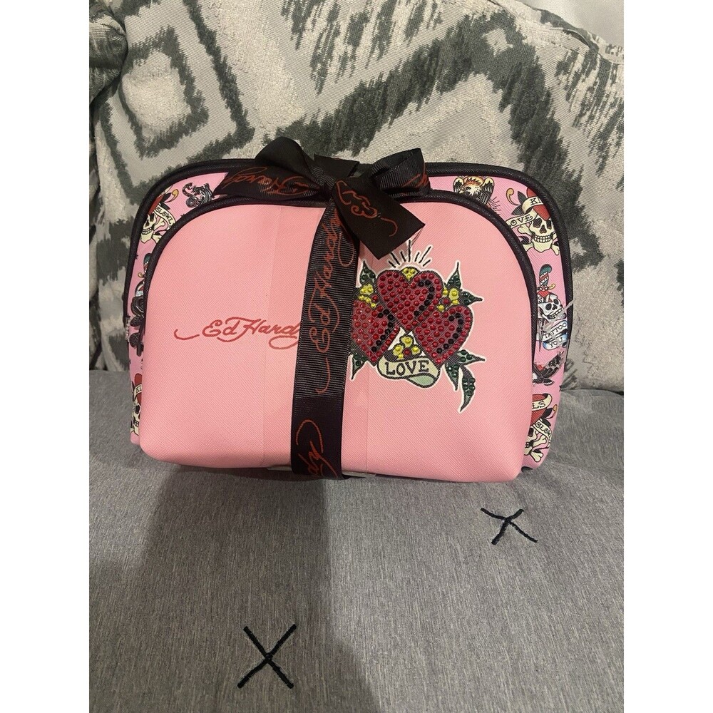 Ed Hardy Pink/Black Tattoo Graphic Double-Zip Makeup Bag Cosmetic Case